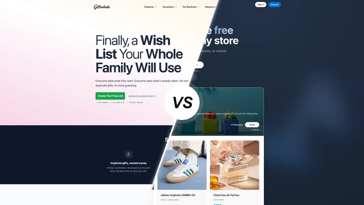 GiftWhale sammenlignet med WishApp, to ønskeseddel-apps side om side